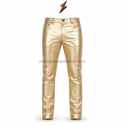 NEW GENUINE LEATHER metallic leather pants with champagne-gold knee seams and natural reflective folds