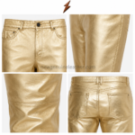 NGL metallic leather pants in champagne gold with black button, curved pockets, and straight legs