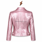 NGL metallic pink leather jacket collar close-up with branded neck label, silver snaps, and tonal stitching
