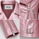 NGL metallic pink leather jacket front with silver asymmetrical zipper, snap lapels, zip pockets, and waist buckles