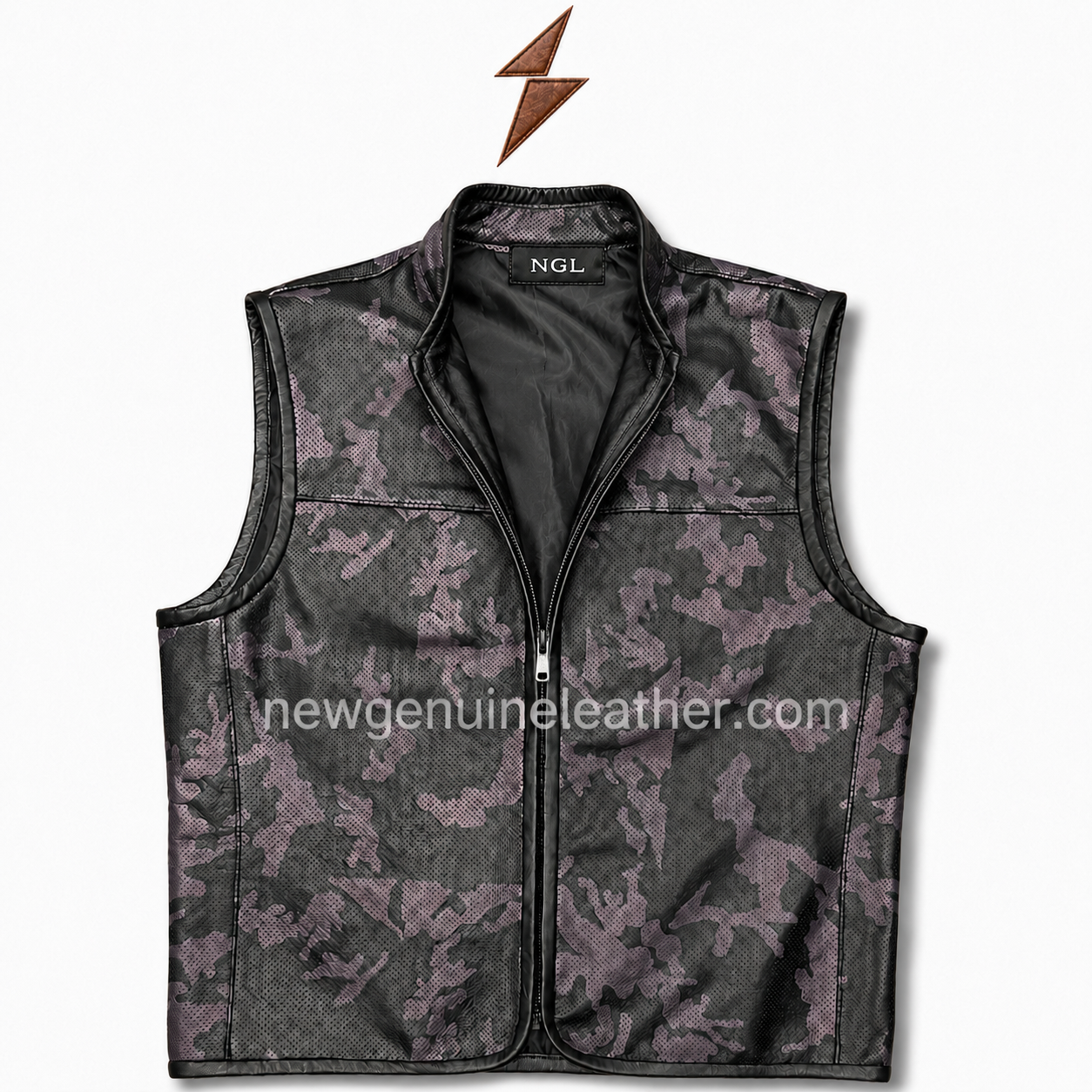 ngl-motorcycle-leather-vest-camo-front NGL Motorcycle Leather Vest front view in olive tan and black camouflage with perforated panels