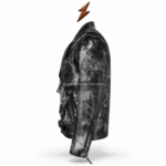 NGL distressed black jacket rear view with silver surface pattern and panel seams