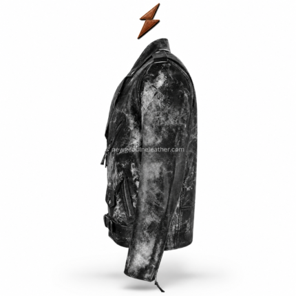 NGL distressed black jacket rear view with silver surface pattern and panel seams