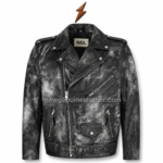 Natural Mild Leather Jacket NGL distressed biker jacket side view showing sleeve seams and waist belt