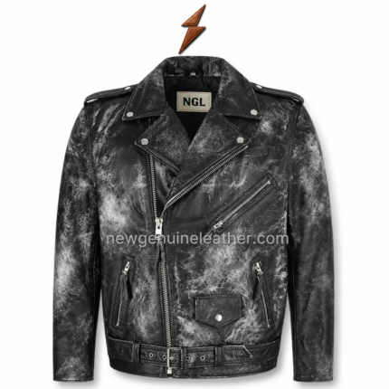 Natural Mild Leather Jacket NGL distressed biker jacket side view showing sleeve seams and waist belt
