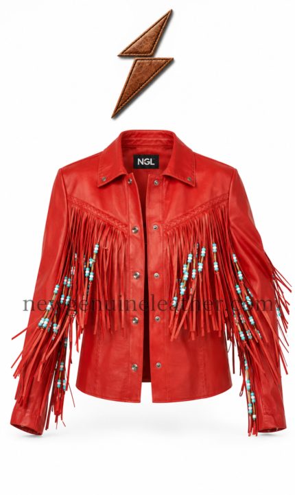 Fringe Leather Jacket Manufacturer NGL NEW GENUINE LEATHER collar label on red western fringe leather jacket with silver snaps