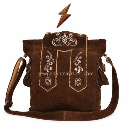 NGL Oktoberfest bag featuring two brown side pockets with pale buttons, cream stitching and tan edging