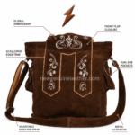 NGL Oktoberfest bag with a long adjustable brown strap, cream edge stitching and silver-tone hardware