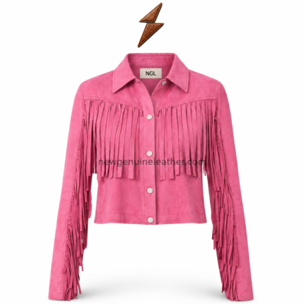 NGL Pink Fringe Jacket front view with four snap buttons, pointed collar, chest fringe, and long sleeve fringe