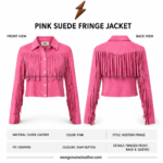 NGL Pink Fringe Jacket product details showing front and back design, pink suede texture, snap closure, and cropped fit