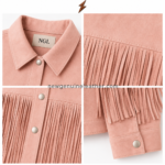 NGL Pink Suede Fringe Jacket close-up showing round snap buttons, reinforced chest seam, and individually cut tassels