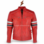 New Genuine Leather red jacket with black quilted shoulders and black-and-white sleeve bands