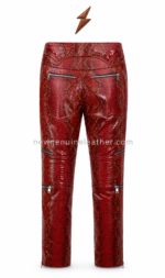 NGL Red Leather Pants back view with curved yoke, zippered pockets and red snakeskin panels by NEW GENUINE LEATHER