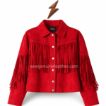 NGL Red Suede Jacket front view with chest fringe, metal eyelets and five silver snap buttons