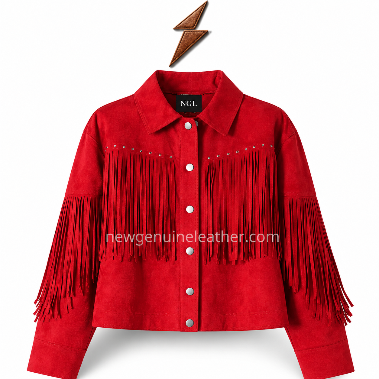 ngl-red-suede-jacket-front-view NGL Red Suede Jacket front view with chest fringe, metal eyelets and five silver snap buttons