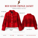 NGL Red Suede Jacket specification image showing front, back, snap closure and fringe construction