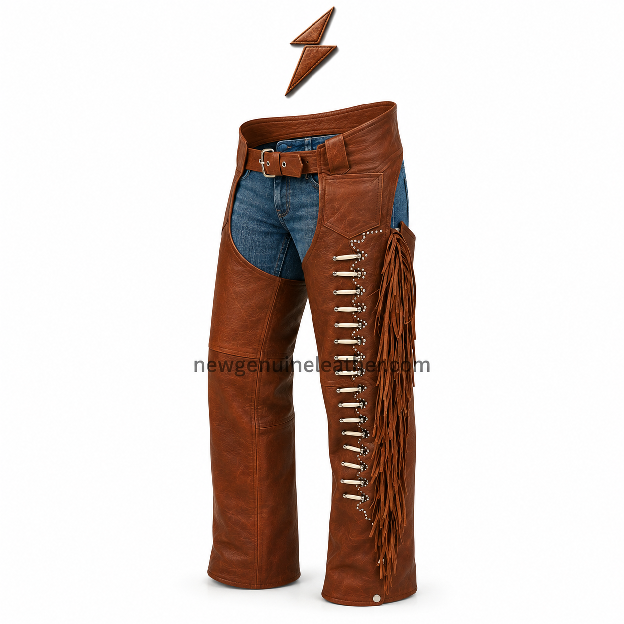 ngl-riding-chaps-brown-front-view NGL Riding Chaps front view with reddish-brown panels, blue denim insert, side lacing, studs and fringe
