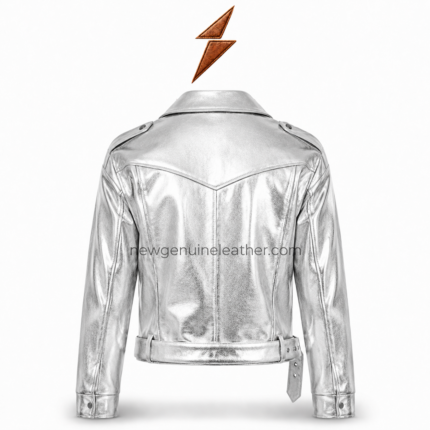 NGL Silver Leather Jacket front view with metallic finish, asymmetric zipper, wide lapels, and adjustable belt