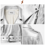 NGL Silver Leather Jacket close-up grid showing collar label, textured surface, zipper, belt buckle, and stitching