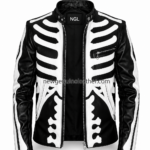 New Genuine Leather Skeleton biker jacket with open front zipper, black lining and NGL collar label