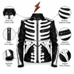 New Genuine Leather Skeleton biker jacket with snap-tab collar, chest zipper and angled waist pockets