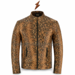 NGL snake leather jacket in tan, brown and black with a centered zipper, stand collar and two front zip pockets