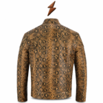NGL snake leather jacket displaying shaped shoulder, chest and lower panels in a tan and black scale pattern