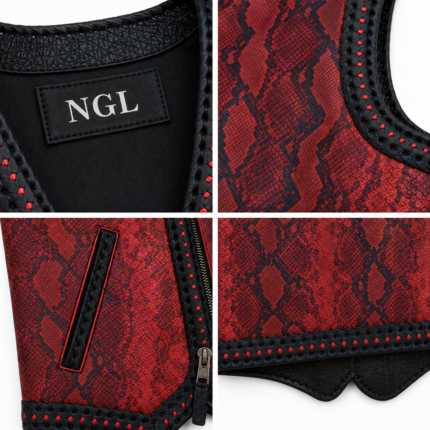 NGL Snakeskin Leather Vest front view with red scale panels, black braided trim, red lacing, two pockets and front zipper