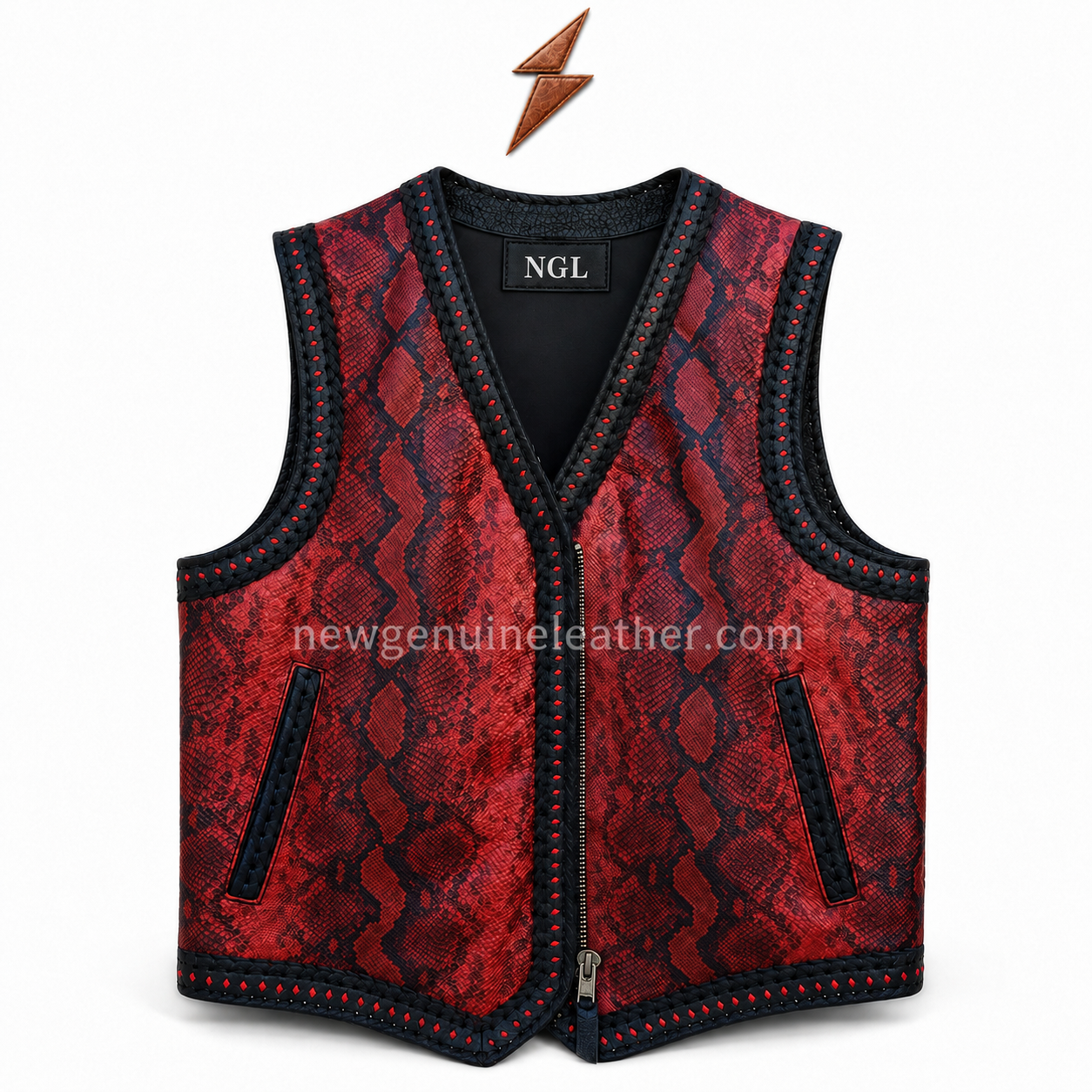 ngl-snakeskin-leather-vest-specification NGL Snakeskin Leather Vest specification image showing red front and back panels, black trim, zipper, pockets and lacing