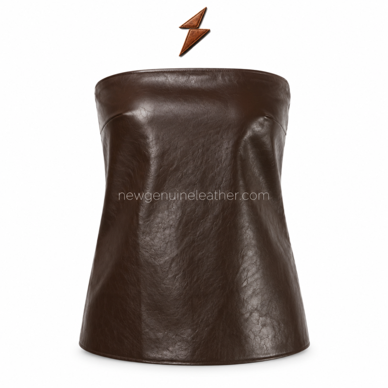 NGL strapless leather top in chocolate brown with a structured neckline and softly shaped front