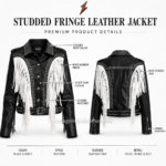 NGL studded fringe jacket specification image with front and back views and construction details