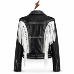 NGL studded fringe jacket front view with black panels, white fringe, silver studs and bel