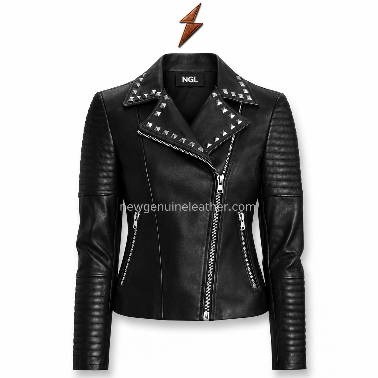 ngl-studded-leather-jacket-front-view NGL Studded Leather Jacket front view in black with silver lapel studs and zippers