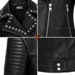 NGL Studded Leather Jacket specification image showing front and back design details