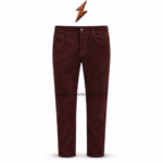 NGL Suede Leather Pants front view in burgundy with belt loops, curved pockets, tonal stitching, and knee panels