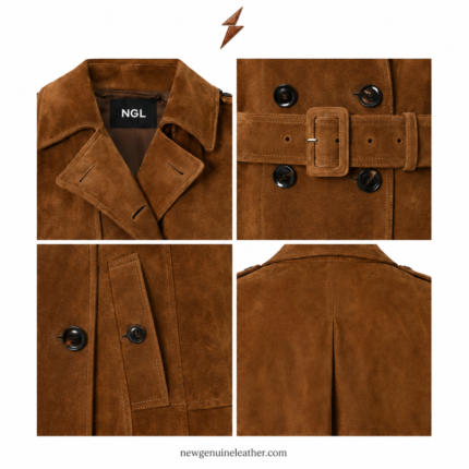 NGL Suede Trench Coat in cognac brown with double-breasted buttons and matching belt
