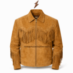 NGL fringe jacket Australia front view with tan suede texture, studded yoke, long tassels and silver zipper