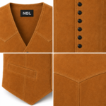 NEW GENUINE LEATHER trachten vest detail featuring the angled welt pocket, shaped front panel, neat stitching, and tan-brown suede.