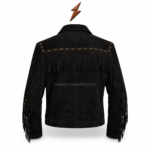 NGL Western Fringe Leather Jacket detail showing black tassels, pointed stitching, gold eyelets, zipper, and logo placement