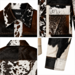 NGL western leather jacket front view with black, brown and cream cowhide panels, pointed pockets and dark buttons