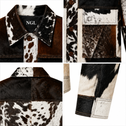 NGL western leather jacket front view with black, brown and cream cowhide panels, pointed pockets and dark buttons