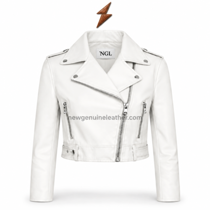 NGL White Leather Jacket front view with asymmetrical silver zipper and cropped moto design