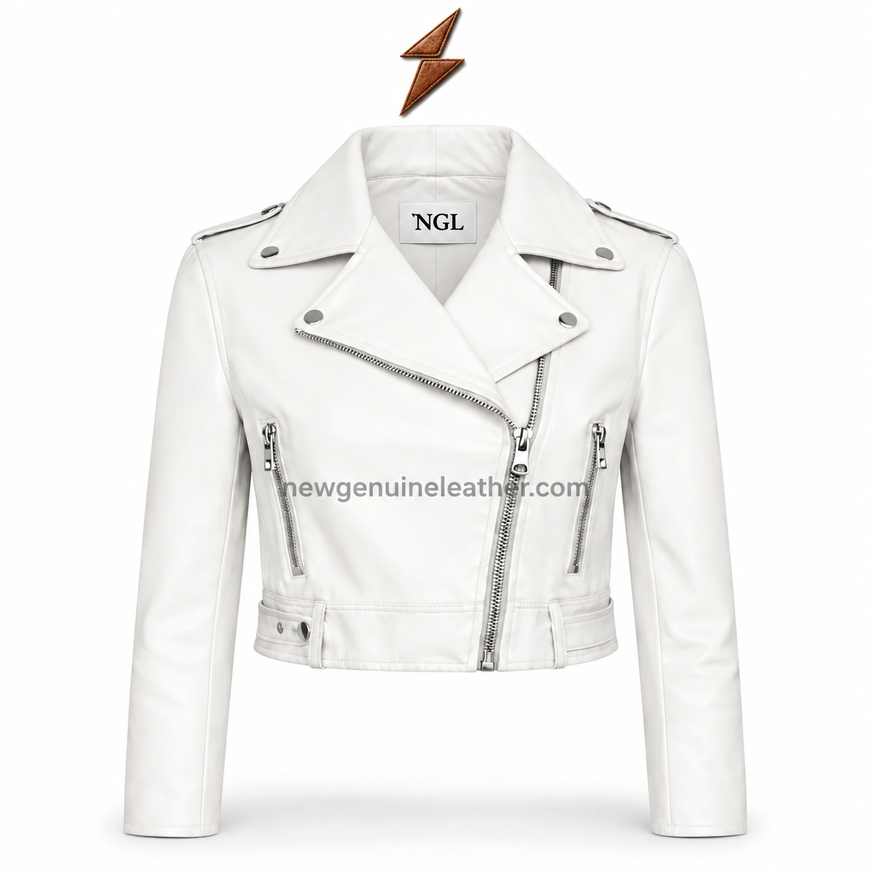 ngl-white-leather-jacket-front-view NGL White Leather Jacket front view with asymmetrical silver zipper and cropped moto design