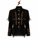 NGL women Suede Jacket in black with tan chest lacing, silver buttons and shoulder fringe