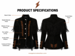 NGL women Suede Jacket specification image showing collar, fringe, lacing, buttons and panels