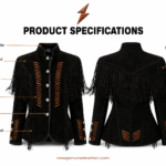 NGL women Suede Jacket specification image showing collar, fringe, lacing, buttons and panels