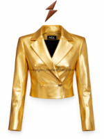 NGL Women’s Gold Leather Jacket collar with peak lapels and black branded neck label