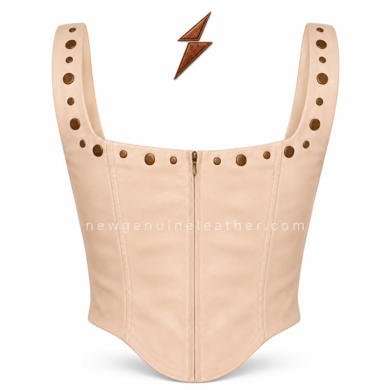 NGL Women’s leather corset top in cream with antique brass studs