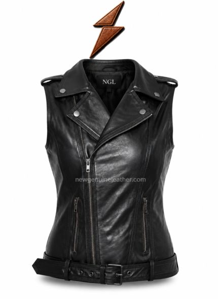 NEW GENUINE LEATHER Women’s Leather Vest with black waist belt, eyelets and metal buckle