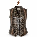 NGL women’s leather waistcoat front view with beige and brown snakeskin panels, black piping and two-button closure